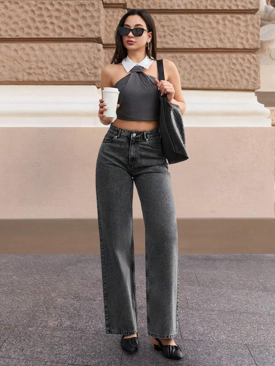 Cottnline 100%Cotton Solid Straight Leg Slant Pocket Casual Jeans - Grey - View 1