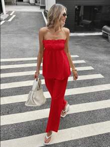 Siren Gaze 2 piezas Top de tirantes de unicolor y pantalones largos para mujer, minimalista y de moda, apropiado para el verano - Rojo - Ver 6