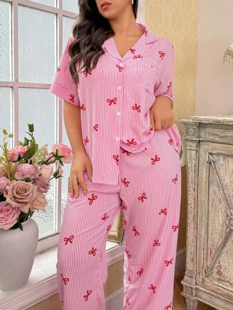 CottageSlumber Plus Size Striped Bowknot Print Lapel Short Sleeve Top And Long Pants Pajama Set Bountiful Floral Splendor, Outfits  Cozy And Elegant Details