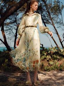 Anewsta Vestido de mangas farol con cintura ceñida y estampado floral romántico francés elegante para mujer, atuendo para el Día de San Valentín, vacaciones, Año Nuevo