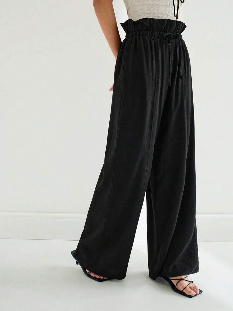 SHEIN Maija 2025 Spring/Summer New Arrival Casual High-Waisted Pleated Black Comfortable Women's Pants, Suitable For Music Festivals, Beach Trips, Everyday Casual, Romantic City Vacation, Suitable For Outings, Gatherings, Weddings, Guests, Vintage Style, Graduation Season