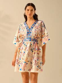 CAJUNI 女式波西米亚风热带花卉印花度假休闲夏季海滩深 V 领宽松短裙 - 彩色 - 查看 7