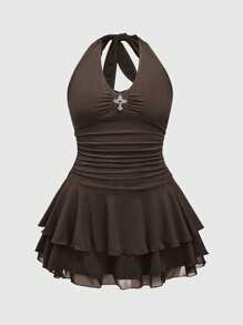 ROMWE J-Fashion Plus Size Women Cross Decorated Multi-Layer Halter Mini Dress, Punk Style - Brown - View 1