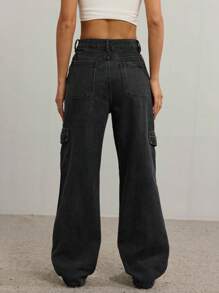 SHEIN PETITE Casual Simple Solid Color Cargo Denim Jeans