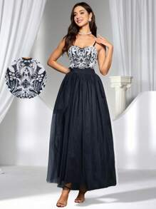 Coutiva Rochie de petrecere, rochie de cocktail, design mozaic brodat, rochie lungă de lux elegantă pentru doamnă, rochie de seară de lux, rochie lungă, rochie de seară, cămașă de noapte rochie neagră, festival de muzică primăvară/vară, rochie pentru invitați la nuntă, rochie de bal - Negru - Vizualizare 1