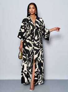 SOLERSUN 女士节日花卉印花 V 领长款优雅荷叶边袖荷叶边开叉大腿长裙，适合度假、约会和日常穿着