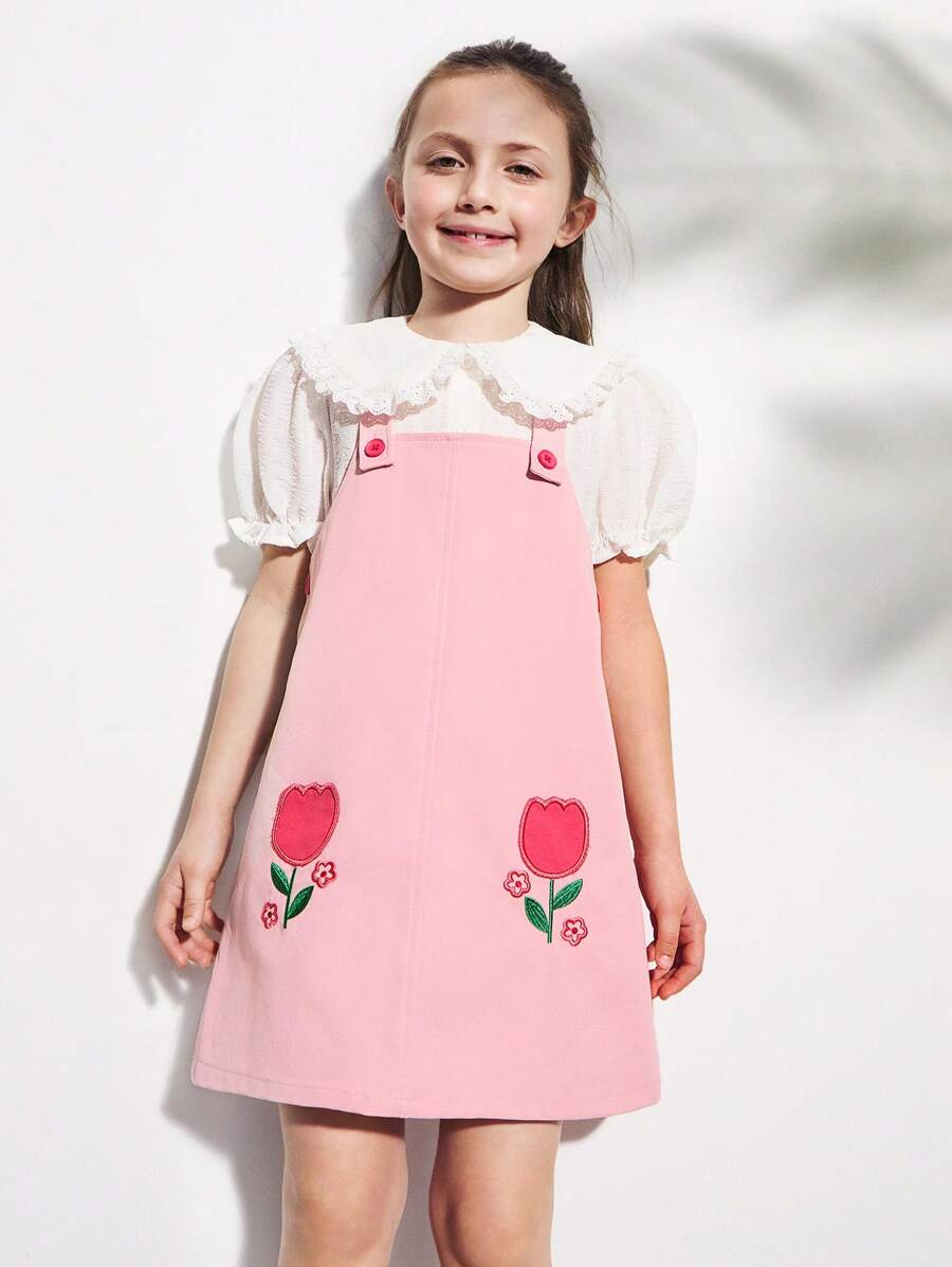 SHEIN Young Girl Floral Embroidered Pinafore Dress - Multicolor - View 1