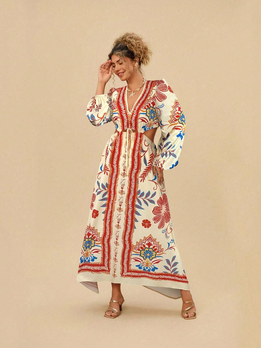 Travachic Plus Size Floral Print Casual Dress, Simple And Fashionable - Apricot - View 1