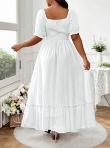 Vionelle Plus Size Sweet Romantic Pink Square Neck Bowknot Ruffle Hem Long Dress Easter Wear - White - View 2