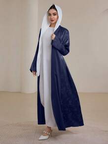 Graceveil Fashionable Elegant Jacquard Fabric Arabic Style Open Front Robe, Spring/Summer Modest Abaya - Navy Blue - View 8