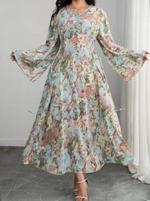 Modelyn Plus Size Woven Floral Print Long Sleeve Tie-Waist Ruffle Trim A-Line Dress Fall Cloth For Women