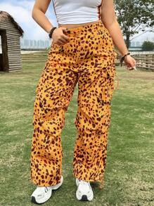 SHEIN EZwear بنطلون عملي كاجوال مناسب للمقاسات الكبيرة ذو رباط أمامي، طراز فينتاج أمريكي بنقشة نمر وبولكا دوت للربيع - أصفر - مشاهدة 1
