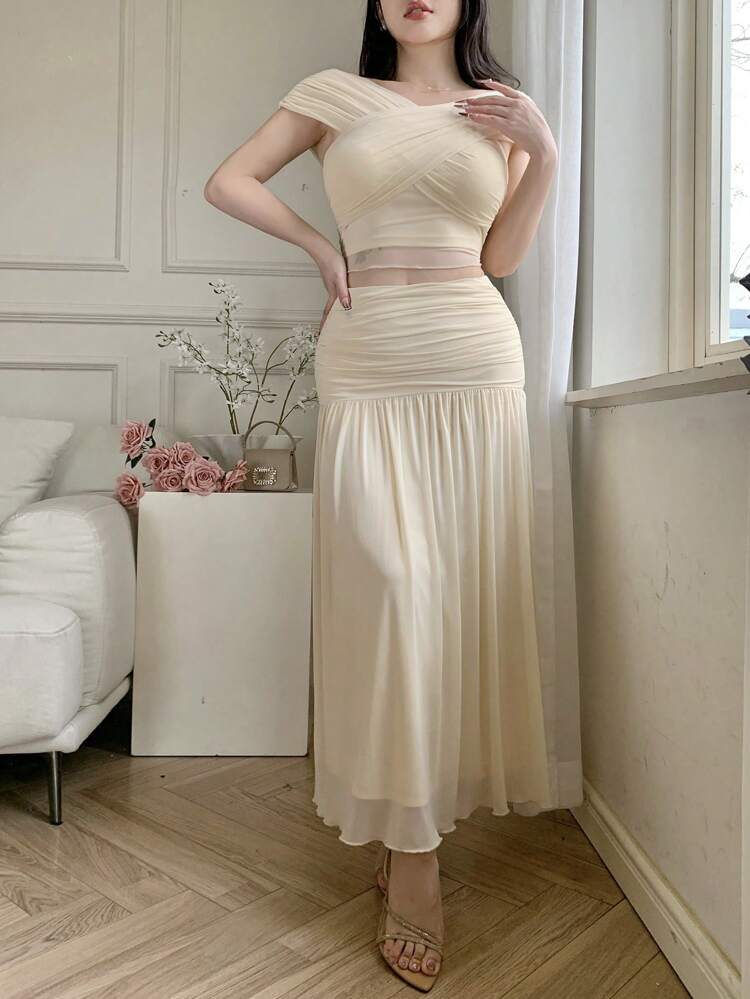 SHEIN X Hannahelzahed Women's Solid Color Cross-Wrap Top & Long Skirt 2 Pieces Set