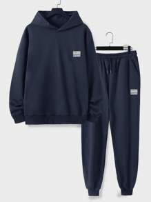 EURMUSE Áo hoodie cotton nam có miếng vá chữ & quần nỉ có dây rút ở eo - Màu xanh hải quân - Xem 1