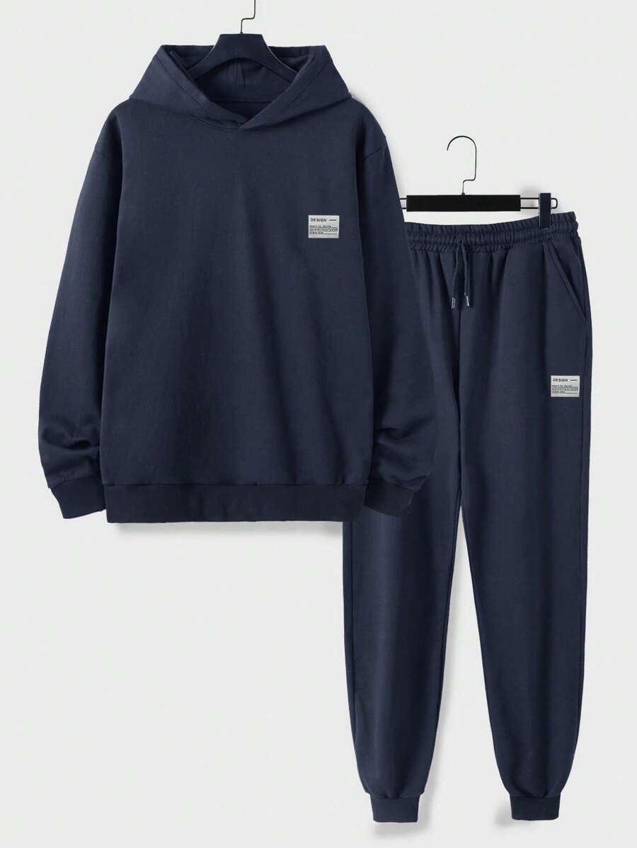 EURMUSE Áo hoodie cotton nam có miếng vá chữ & quần nỉ có dây rút ở eo - Màu xanh hải quân - Xem 1
