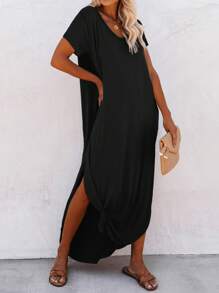 EMERY ROSE Vestido de mujer con abertura y bolsillo diagonal - Atuendo de vacaciones y playa