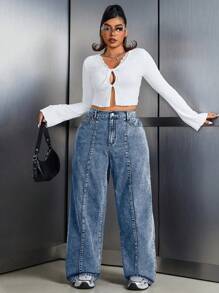 SHEIN ICON Plus Size Dames Losse Pasvorm Zak Wijde Pijp Casual Veelzijdige Jeans