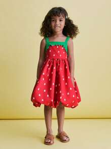 THE HAPPY LOOK Young Girls Green Strap Red Strawberry Print Floral Hem Dress, Cute Party Style