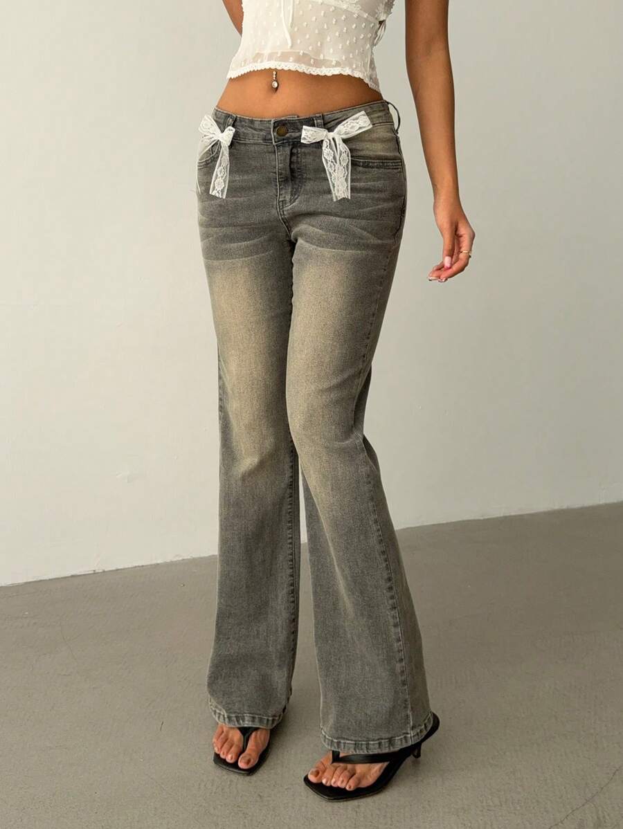 Aloruh Women's Sexy Elegant Low Waist Handmade Lace Bow Decor Slim Fit Flared Leg Jeans - Light Grey - View 1