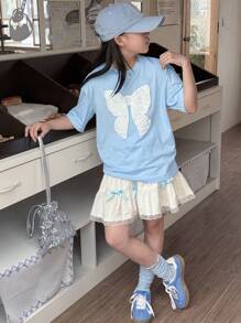 Dazy Kids 青少年女孩圆领短袖蝴蝶印花针织 T 恤，春夏季，返校服装 - 藍色 - 查看 6