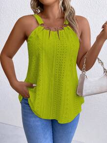 SHEIN LUNE Plus Size Vacation Casual Solid Color Hollow-Out Embroidery Tank Top