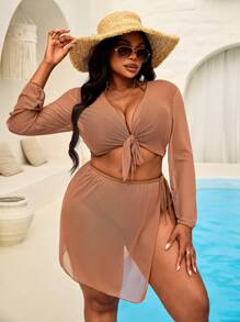 SHEIN Swim Curve 4pcs Plus Size Women Multi-Way Convertible Triangle Cup Slimming Bikini Set For Summer Beach Vacation - Coffee Brown - View 6