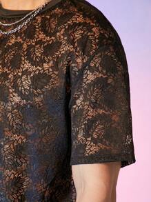 Manfinity VCAY Áo thun ren trễ vai in họa tiết lá đường phố Unisex, thời trang - màu đen - Xem 6