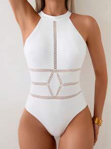SHEIN Swim Elegant Solid Color Hollow Halter One-Piece Swimsuit For Summer Beach Vacation - White - View 3
