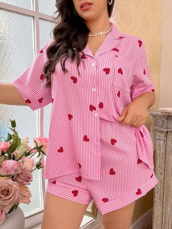 CottageSlumber Conjunto de pijama de manga corta con estampado de corazones a rayas rojos y rosas en talla grande