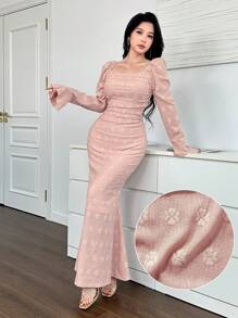 Modelyn Off Shoulder Jacquard Knit Ruched Flare Sleeve Fish Tail Hem Long Dress For Women - Pink - View 1