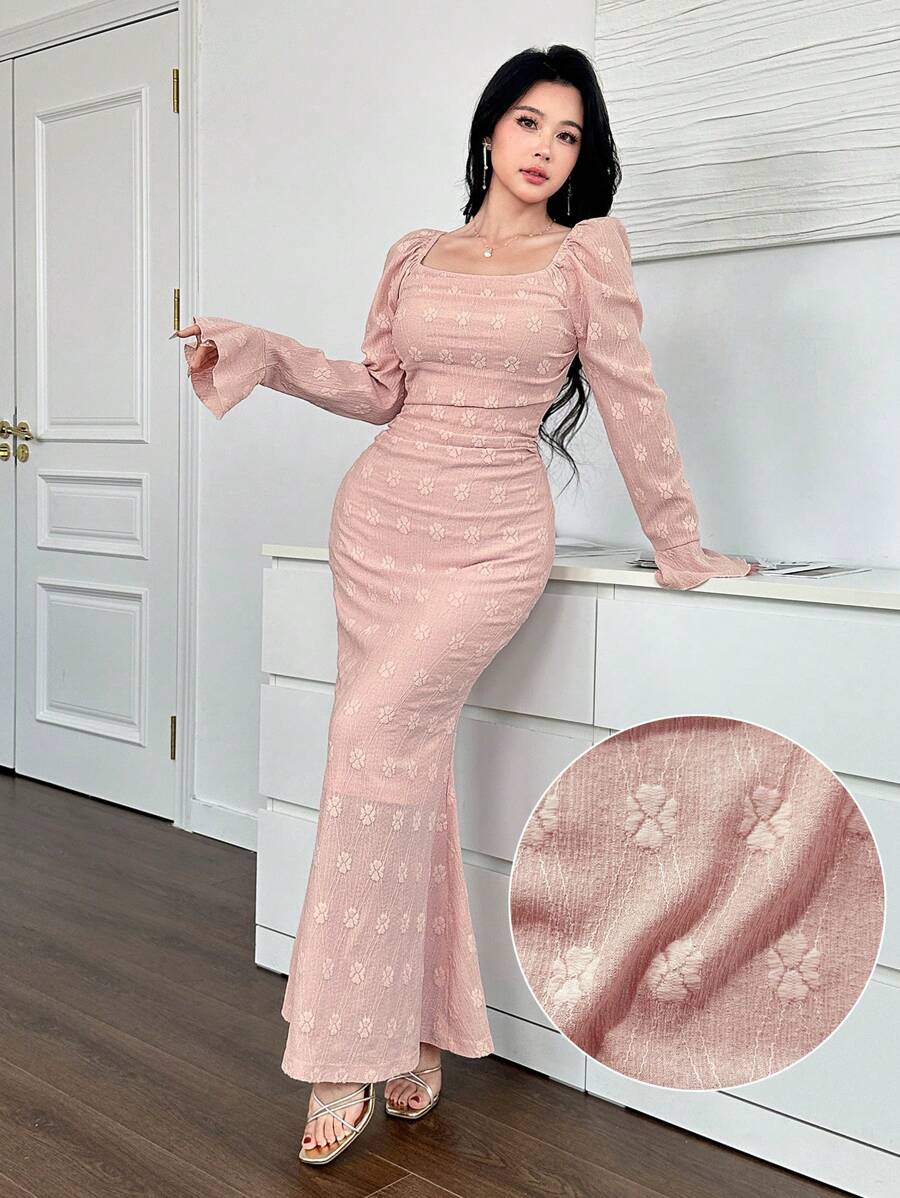 Modelyn Off Shoulder Jacquard Knit Ruched Flare Sleeve Fish Tail Hem Long Dress For Women - Pink - View 1