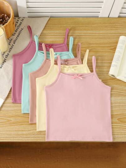 SHEIN 5 件装年轻女孩白色牛奶丝面料简约细肩带休闲舒适背心，带蝴蝶结设计，适合分层穿着