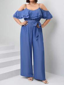 SHEIN Clasi 大码女式纯色露肩荷叶边阔腿休闲连体裤