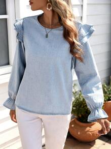 Breezaya 女士牛仔荷叶边下摆套头衫 - 淺色水洗藍 - 查看 5