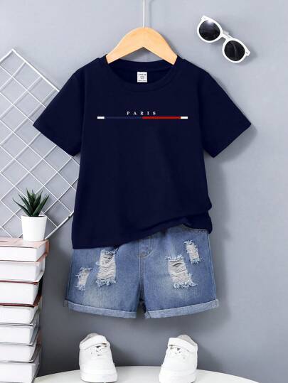 SHEIN 1 Set Custom T-Shirt & Denim Shorts 2pcs Boy Outfit