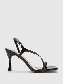 CUCCOO BIZCHIC 女士百搭黑色漆皮不对称系带方头细高跟凉鞋，百搭通勤和度假风格 - 黑色 - 查看 9