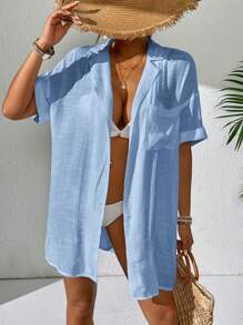 SHEIN Swim Women Simple Solid Color Short Sleeve Kimono Cover Up,Summer Beach Beach Outfit For Womenbeach Cover Up Womenlong Shirtbeach Shirt