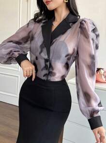 DAZY 女式花卉 PU 拼布泡泡袖衬衫，秋季女装长袖上衣 - 紫色 - 查看 1