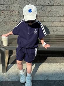 SHEIN Leap Crew 2pcs Kids Boys Casual Korean Style Loose Half-Zip Hoodie & Shorts Set,Summer Short Sleeve Outing Outfit For School,Garden,Beach,Birthday,Spring,Fall - Navy Blue - View 8