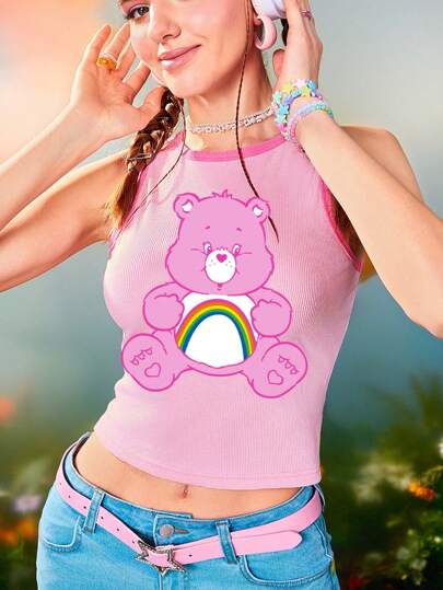 SHEIN X Care Bears Women's Casual Cartoon Cheer Bear Graphict Round Neck Pink Crop Tank Top,Summer Music Festival