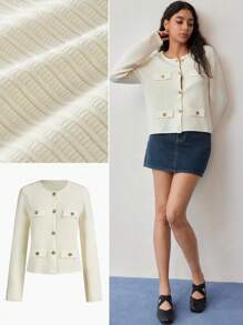 MOTF STUDIO 纹理针织纽扣前开衫 - 杏色 - 查看 7