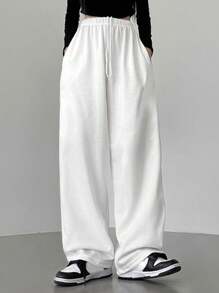 DAZY Pantalones de chándal de pierna ancha con cintura de cordón de unicolor para mujer