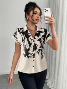 Chiquease V-Neck Short Sleeve Printed Casual Loose Shirt, Spring/Summer - Apricot - View 1