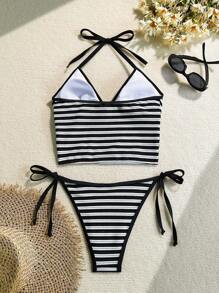 Swim Lushoire Set da 2 pezzi da donna composto da top corto con spalline a spaghetti e bikini, casual, per vacanza in spiaggia, con dettagli di taglio e testurizzati