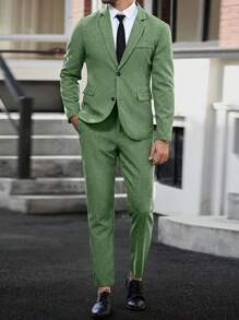Calvornis 男士纯色长袖西装外套和裤子套装男士正装西服男士正装西装男士正装西服 - 綠色 - 查看 7