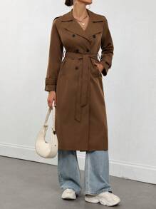 SHEIN Unity Women's Casual Solid Color Double-Breasted Trench Coat Fall Winter Cloth For Women - Brown - View 3