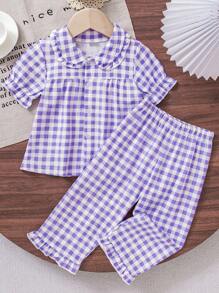 SHEIN Set de 2 piezas de ropa para el hogar para niñas bebé que incluye top con cuello a cuadros y bolsillos, y pantalones casuales