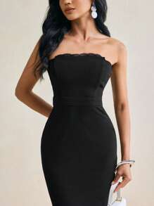 Ella Moore Schwarzes einfarbiges Kleid im Korsett-Stil mit Schnürung, wadenlang, trägerlos, Midi-Länge, sexy, für Rave, Abiball