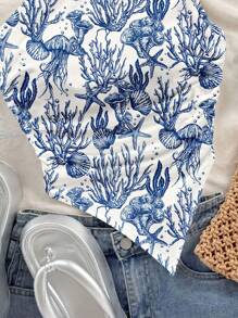 Soleia Top ajustado informal con un hombro, con arrugado, fruncido, dobladillo asimétrico, estampado de animales marinos, estampado azul - Multicolor - Ver 8