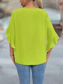 SHEIN Clasi Plus Size Solid Color Hollow Collar Ruffle Sleeve Shirt - Mustard Yellow - View 2